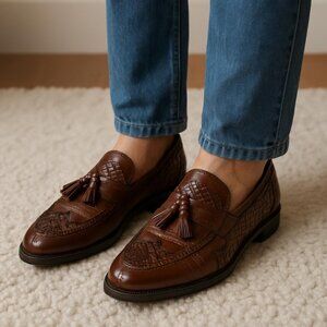 Bragano by Cole Haan Men's Brown Woven Leather Tassel Loafers Vibram Soles